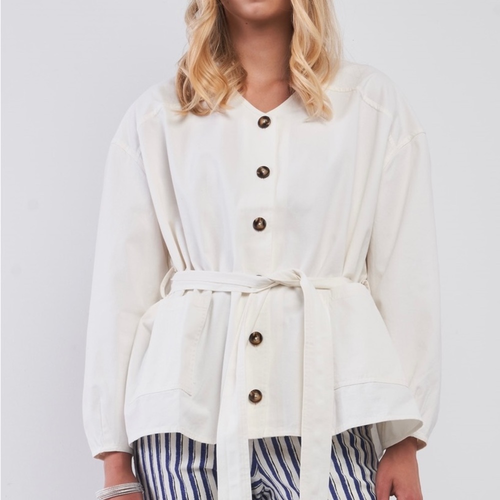 Off-White Balloon Sleeve Button-Down Front Self-Tie